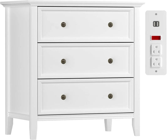 Solid Wood Nightstand with 3 Drawers and Power Outlet