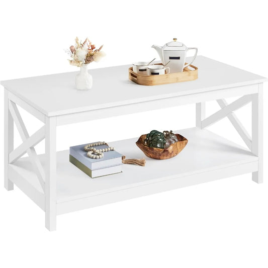 Wood 2-Tier White Coffee Table with Storage