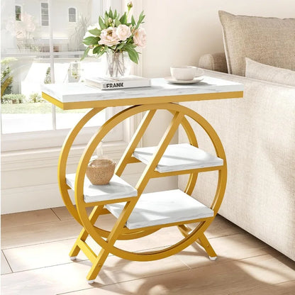 Narrow Faux Marble Side Table White/Gold