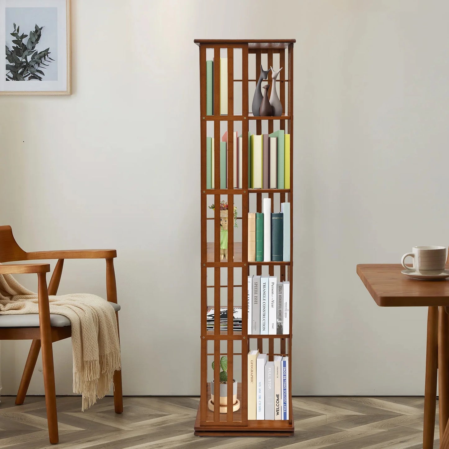 5-Tier Bamboo Rotating Bookcase,Tan/Wood Color