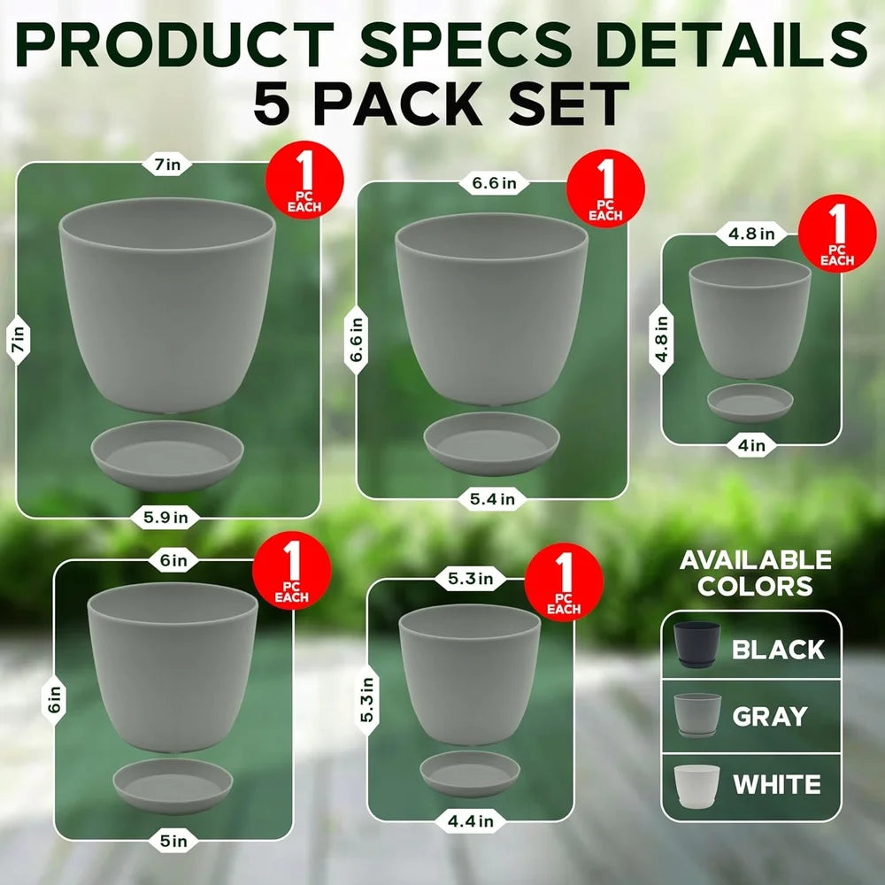 5 Stackable Plastic Plant Pots with Drainage