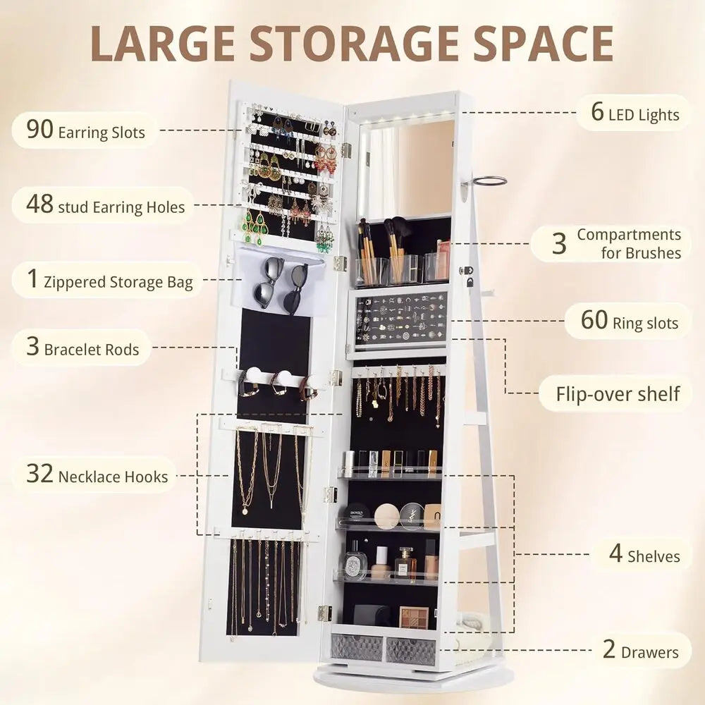 LED Mirror Jewelry Cabinet Standing, 360° Swivel