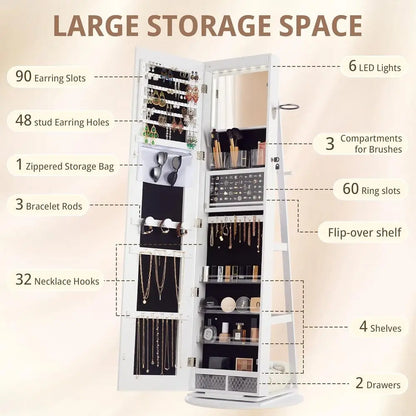 LED Mirror Jewelry Cabinet Standing, 360° Swivel