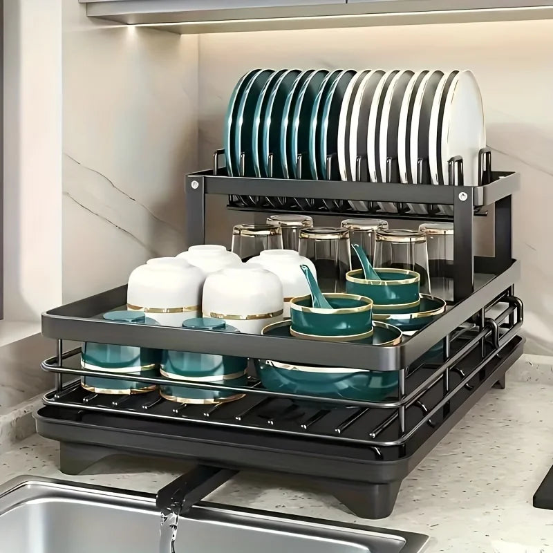 Double-tier extendable dish drainer suitable for kitchen