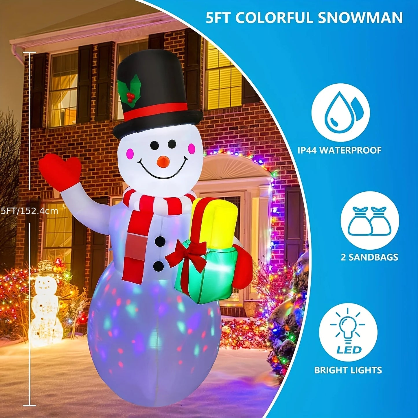 5FT Christmas Inflatable Snowman Decor Built-in LED