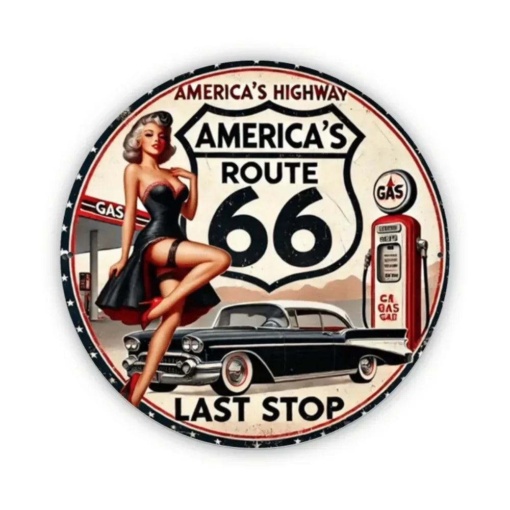 Round Vintage Route 66 Metal Sign Art