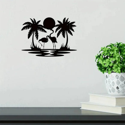 Vibrant Metal Flamingo, Palm Tree & Sunset