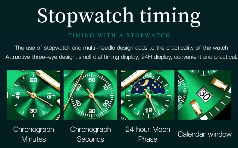 Men's Waterproof Stainless Steel Watches Moon Phase