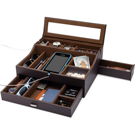 Large Leather Valet Box Organizer Charging Station