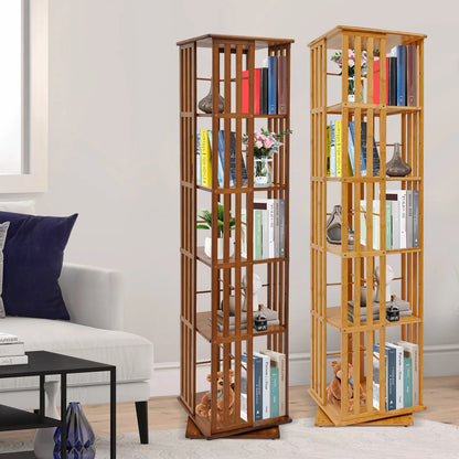 5-Tier Bamboo Rotating Bookcase,Tan/Wood Color