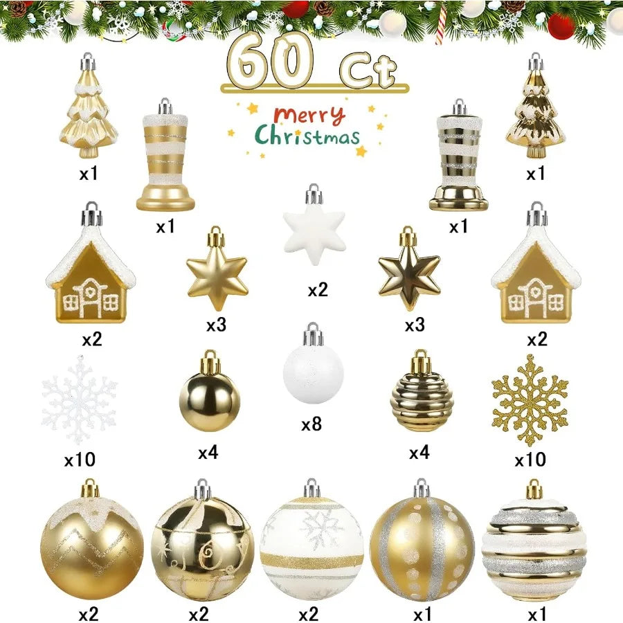 60Pc Shatterproof White Gold Assorted Christmas Ornaments