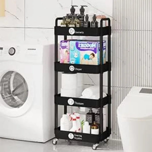 3-4 Tier Plastic Rolling Laundry Room Utility  Dorm Cart