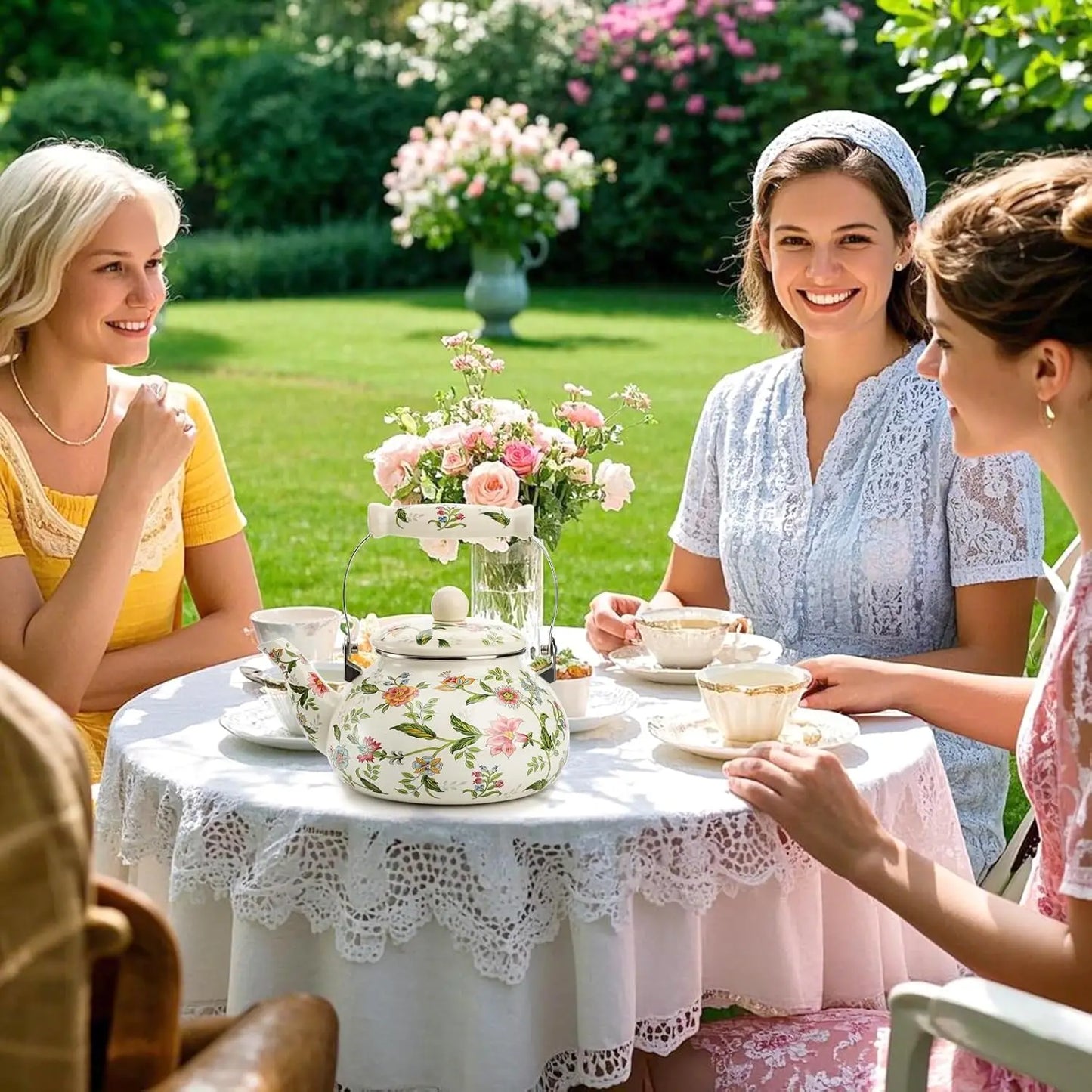 Green Floral 2.6qt Vintage Enamel Tea Kettle