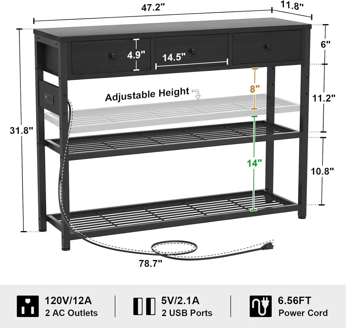 Console Table with Drawers, Outlets/USB Ports