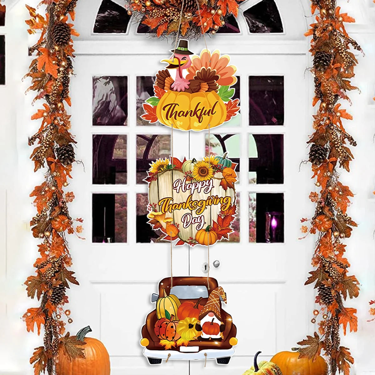 Happy Thanksgiving Day Door Banner Autumn Wreath
