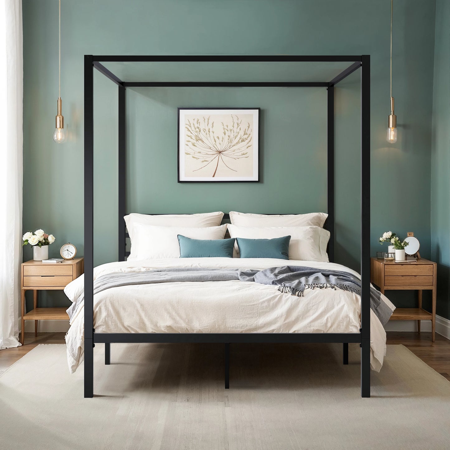 Canopy Bed Frame, Enhanced 4-Poster, 3-Metal Crossbar