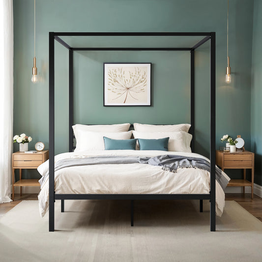 Canopy Bed Frame, Enhanced 4-Poster, 3-Metal Crossbar