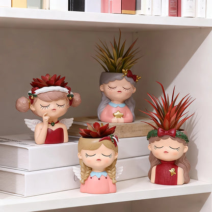 Cute Cartoon Girl Resin Flower Pot Desktop
