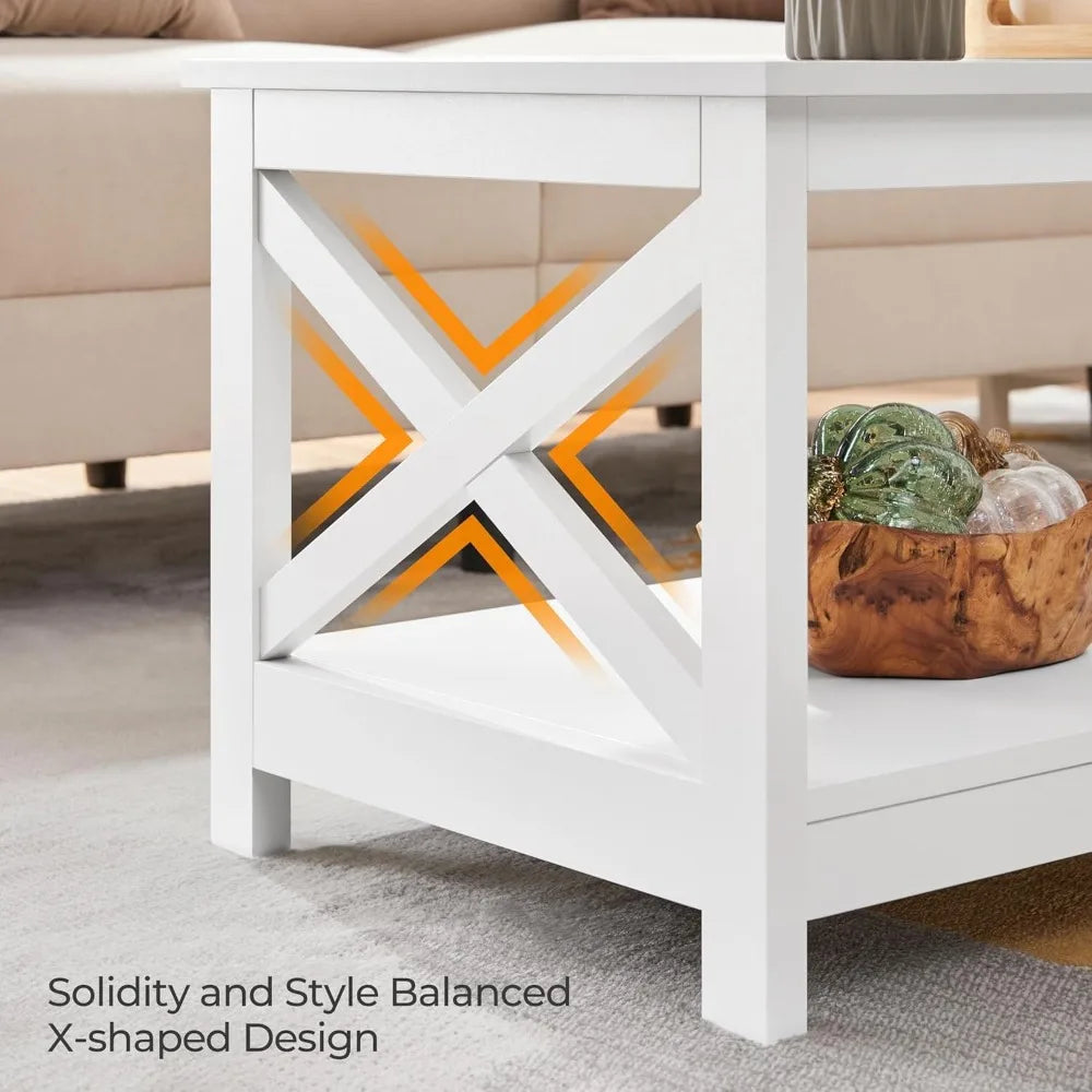 Wood 2-Tier White Coffee Table with Storage