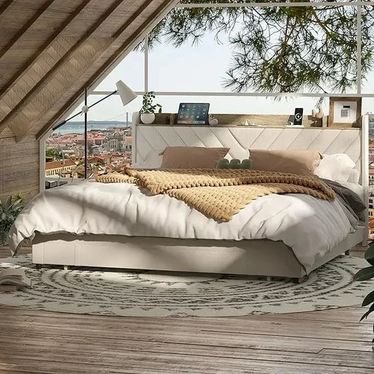 Queen Size Bedframe with Upholstered Headboard