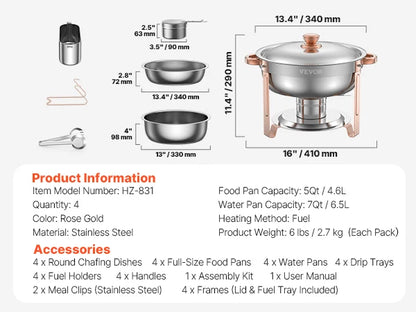 4 Pack Round Chafing Dish Buffet Set
