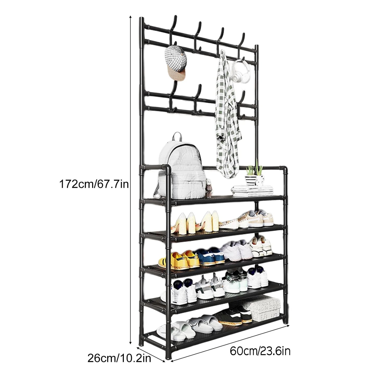 Freestanding Metal Coat Shoe Rack Hall Tree 3-in-1