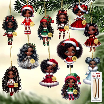 12pcs African American Christmas Ornaments 2D Wood