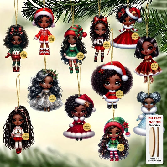 12pcs African American Christmas Ornaments 2D Wood