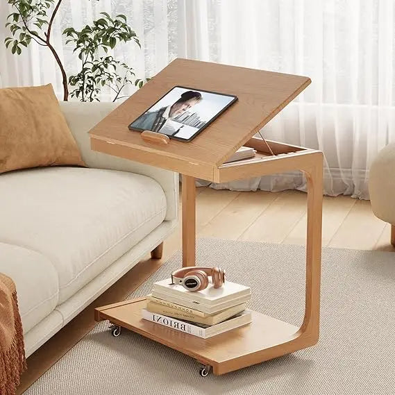 Compact Rolling C-Shaped Side Table Lockable Wheels