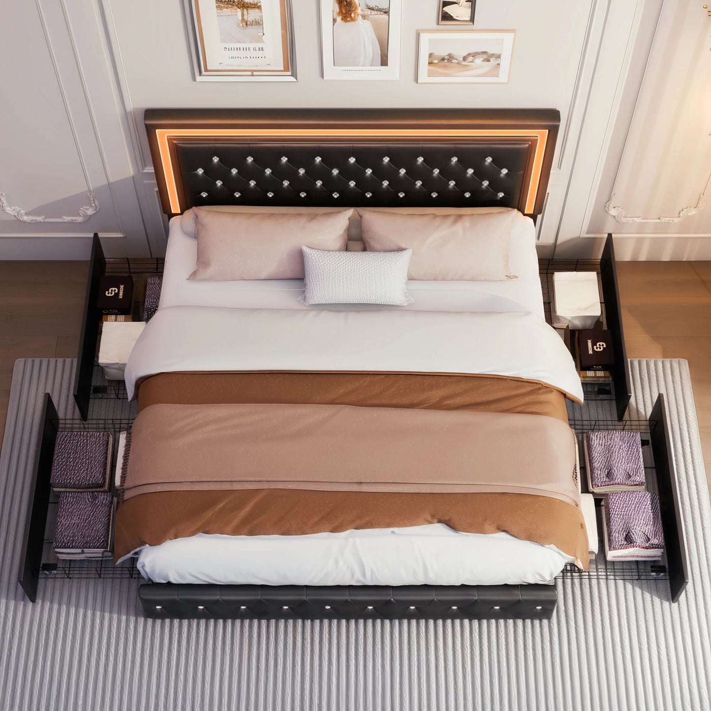 Queen LED Platform Bed Frame with Storage