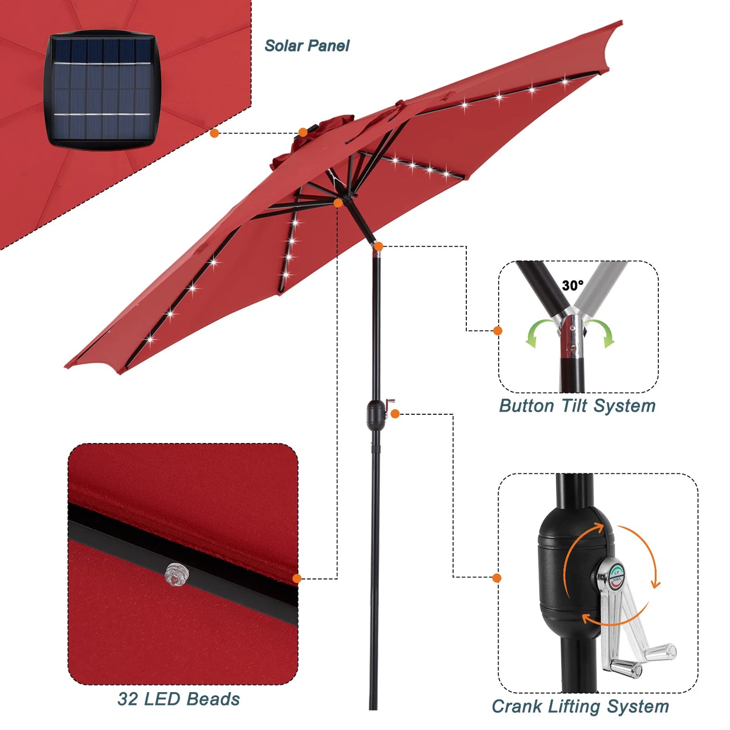 Solar Patio Umbrella with 32 LED Lights