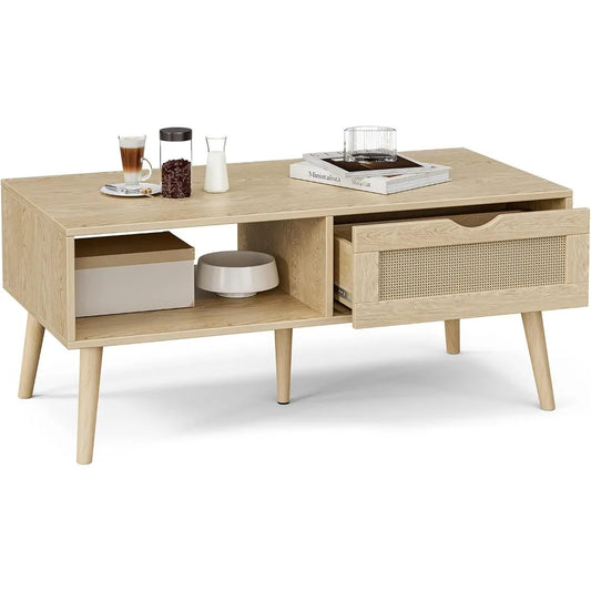 Storage Coffee Table, Rattan Drawer Table