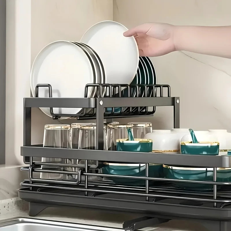 Double-tier extendable dish drainer suitable for kitchen